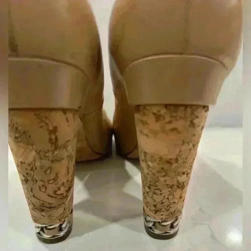 CHANEL Vintage Beige Leather Peep Toe Platform Cork Chain Pumps (Size 39 1/2) - Picture 4 of 16